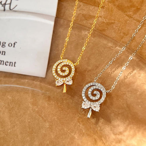 Kokoma Dainty Lollipop Pendant Necklace 925 Sterling Silver CZ Crystal Sugar Bow Knot Sweet Candy Choker Necklaces Chain Link Cute Jewelry Gifts f...