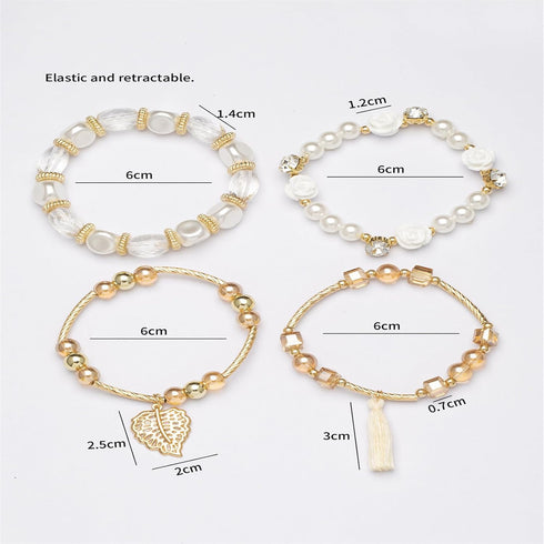 4Pcs Set Bohemian Rose Leaves Crystal Pearl Tassel Beaded Stretch Pendant Bracelets for Women Gold Beaded Stackable Bracelet Colorful Charm Jewelr...