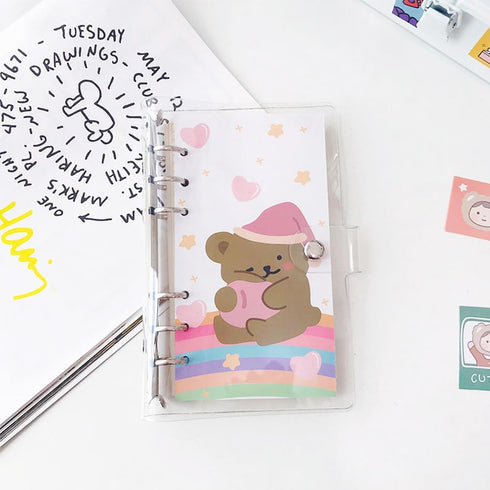 2 Pcs A6 Binder Notebook,Cartoon Bear 6 Ring Loose Leaf Small Diary Journal Planning Notepad Pocket Notebook with Transparent PVC Cover Gift for K...