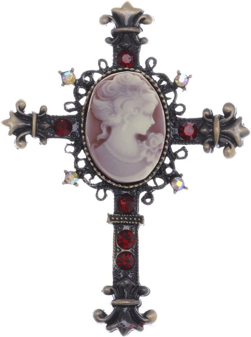 Alilang Cameo Lady Cross Brooch Pin Gunmetal Red Rhinestones Vintage Inspired...
