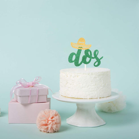 Dos Cake Topper Fiesta Party Second Birthday Spring Summer Party Decoration Supplies Handmade Green Double Side Glitter...