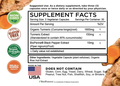 Turmeric Curcumin with BioPerine Black Pepper & 95% Curcuminoids, 1965mg, Maximum Absorption for Joint Support, Non-GMO Turmeric Capsules, Made in...