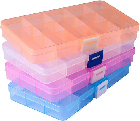 Opret 15 Girds Bead Organizer(4 Pack), Earring Organizer Box, SMALL Plastic Containers with Adjustable Dividers for Crafts Jewelry Screws Fishing ...