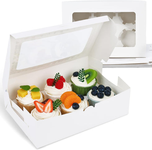 6PCS White Cupcake Containers, Cupcake Carrier 6 Count with Window Boxes Holding 36 Pastry Box for Birthday Holiday Party Bakery Supplies...