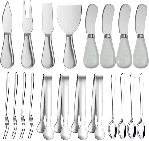 20 Pcs Spreader Knife Set Cheese Butter Spreader Knife Cheese Slicer Knife Stainless Steel Blade with Porcelain and Wooden Handles Mini Serving To...