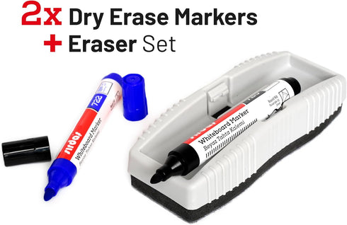 SIRDAS Whiteboard Eraser and Dry Erase Marker Set, Integrated Blue & Black Bullet Tip Markers, Low Odor, Quick-Drying for Classroom, Office, and H...