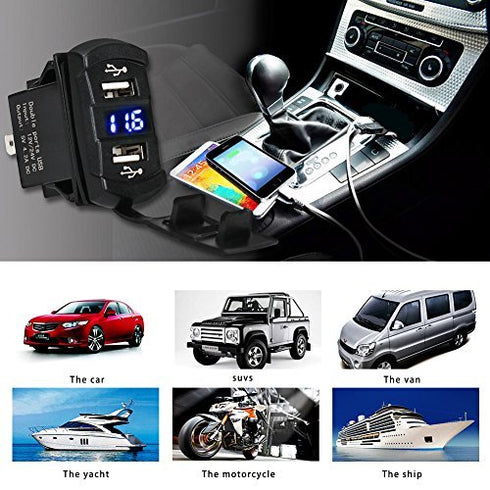 WATERWICH 5V 4.2A Marine Dual USB Car Charger Adapter Socket Waterproof with Led Digital Voltmeter for Universal Rocker Switch Boat RV Vehicle......