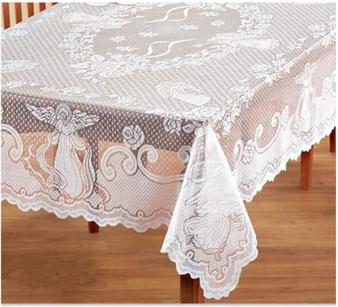 WUBODTI Christmas White Lace Rectangular Tablecloths Angel Pattern Floral Embroidered Table Linens for Baby Showers Wedding Parties Table Covers f...