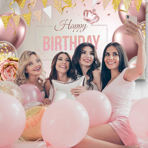 Happy Birthday Decorations Banner Large Rose Gold Balloons Backdrop Theme Poster for Girl Women Birthday Celebration Banner Party Supplies Photo B...