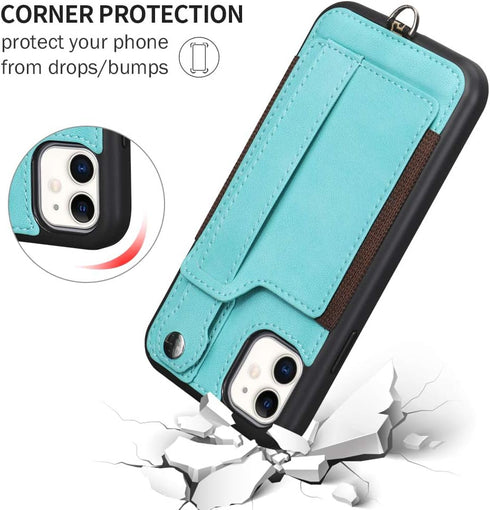 TOOVREN for iPhone 11 Wallet Lanyard Case Protective Cover with PU Leather Card Holder Adjustable Detachable Phone Lanyard Stand Strap for iPhone ...