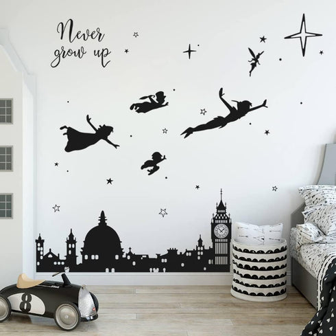 Runtoo Never Grow Up Nursery Wall Decals Quotes Big Ben Cityscape Wall Stickers for Kids Room Baby Bedroom Wall Decor...