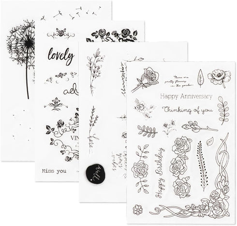 4 Sheets Floral Clear Stamps, Silicone Stamps for Card Making Supplies, Bullet Journal Reusable Stamps for Thanksgiving Christmas Holiday Card and...