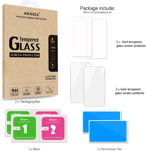 AKWOX (4-Pack) Compatible with iPhone Xs Max Screen Protector with Back Covers, 9H Tempered Glass Front Screen Protector and Back Screen Protector...