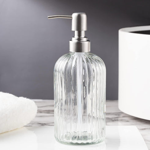 Easy-Tang Glass Hand Soap Dispenser Silver Pump Refillable Dish Shampoo Lotion Bottle with Brushed Bathroom Kitchen Decor 18 OZ...