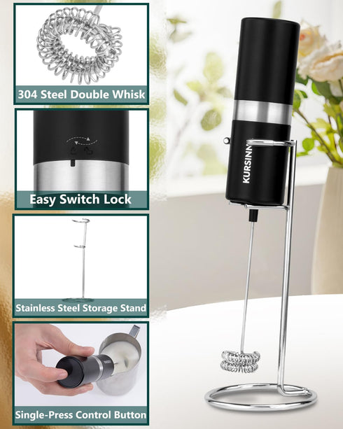 Powerful Milk Frother Handheld Battery Operated, Double Whisk Foam Frother Maker with Stainless Steel Stand, Drink Mixer For Coffee, Lattes, Match...