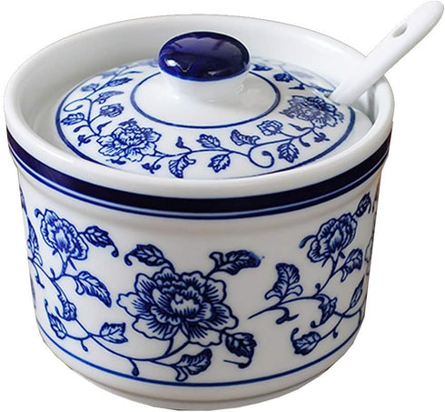 Retro Ceramic Blue and White Sugar Bowl Seasoning Pot Storage Jar with Lid...