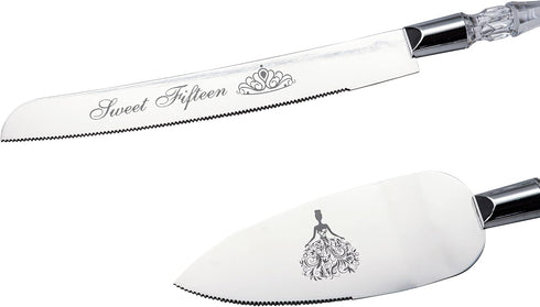 Sweet Fifteen 15 Quinceanera Cake Serving and Knife Set, Mis Quince Años Birthday Cake Cutting Set, Feliz 15 Anos Decoration, Acrylic Handle, Stai...