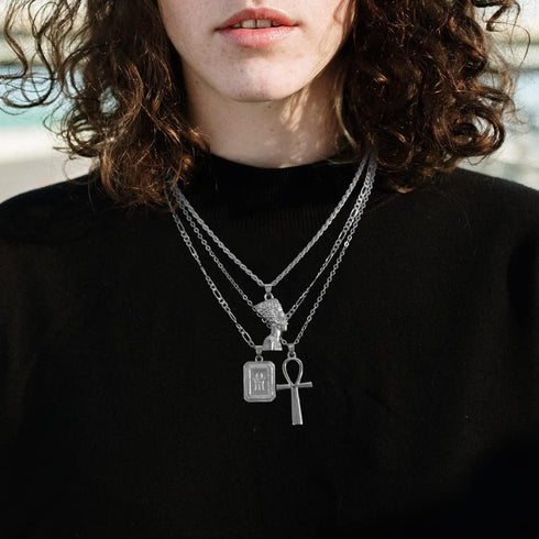 HUJUON 3-Layer Nefertiti Pharaoh Necklace. Punk Gold Egyptian Queen Cross Pendant Necklace,Hip Hop African Women Men Girl's Jewelry...