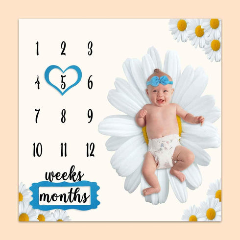 Baby Monthly Milestone Blanket, Daisy Big White Blanket for Nursery, Unisex for Newborn 1-12 Months, includes 4 Frame and 1 Headband 47"x47" BTLSP...