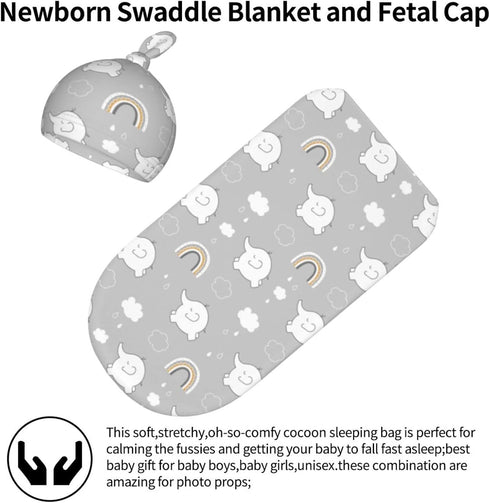 Elephant Grey Rainbow Baby Newborn Swaddling Blanket with Beanie Hat Set, Baby Stuff Newborn Receiving Blanket for Baby Boy Girl Swaddles Wrap for...