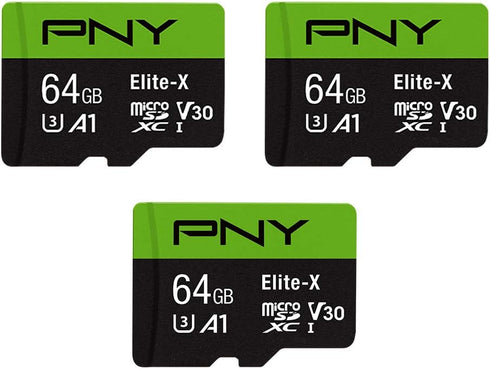 PNY 64GB Elite-X Class 10 U3 V30 microSDXC Flash Memory Card, 3 Count (Pack of 1) - 100MB/s, Class 10, U3, V30, A1, 4K UHD, Full HD, UHS-I, micro ...