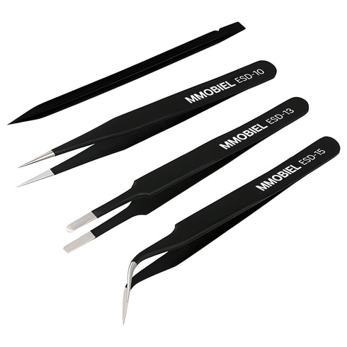 MMOBIEL 3x Industrial Precision ESD Tweezers Anti-Static Stainless Steel for Electronics Tools, Jewelry, Computer, Laboratory Work, Crafts and Hob...
