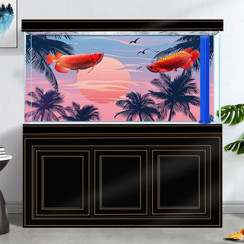 Hawaiian Beach Palm Tree Aquarium Background, Watercolor Graffiti Hawaiian Themed Fish Tank Background, Anime Themed Crawling Terrarium Background...