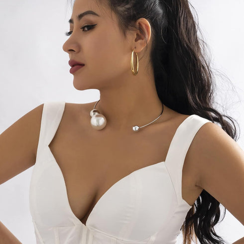 Metal Big Pearl Open Choker Necklace Adjustable Silver Big Pearl Choker Necklaces for Women Round Open Cuff Necklace Elegant Cuff Collar Necklace ...