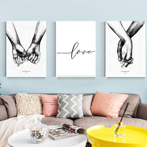 Kiddale Love and Hand in Hand Wall Art Canvas Print Poster,Simple Fashion Black and White Sketch Art Line Drawing Decor for Home Living Room Bedro...
