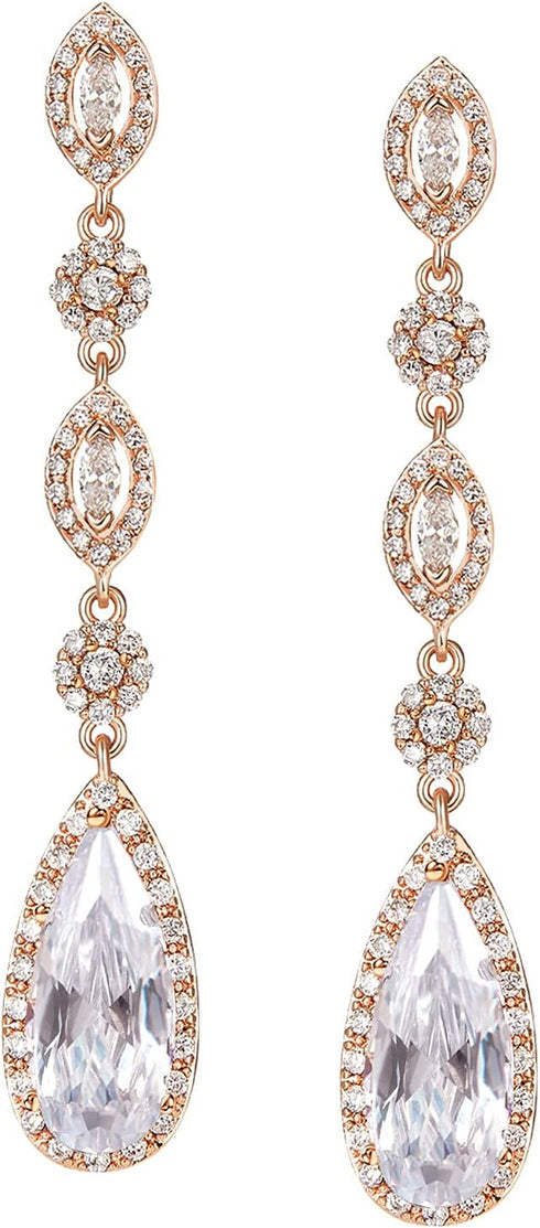 SWEETV Long Pear-Shaped Rose Gold Wedding Birdal Earrings for Brides, Bridesmaids, Crystal Chandelier Dangle Drop Earrings for Women Prom...