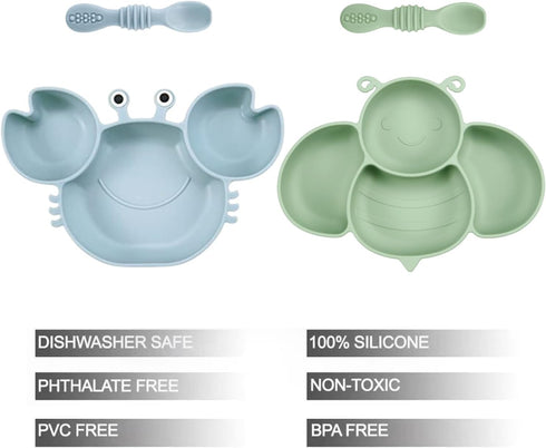 PandaEar 2 Pack Silicone Suction Plates for Baby, Divided Unbreakable Toddler Plate with 2 Pack Spoons for Self Feeding, Babies Utensils Feeding S...