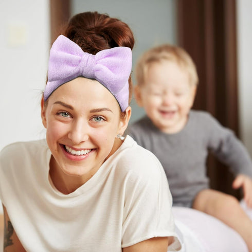 Headband for Washing Face or Facial - 6 Pack Spa Headbands and Wristbands Set, Skincare Headbands Purple Makeup Head Band Face Wash Headband Bow T...