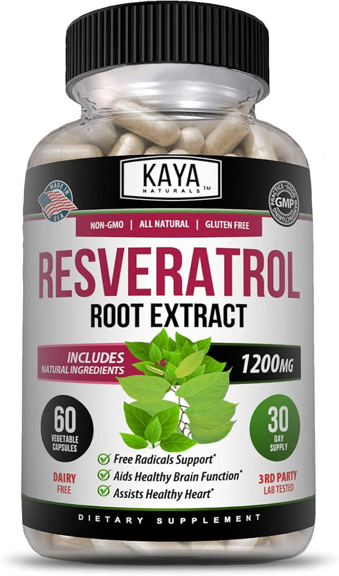 Kaya Naturals - Resveratrol Capsules - Anti Aging Supplement - Antioxidants with Brain Support - Maximum Benefits - 60 Veggies Capsules...