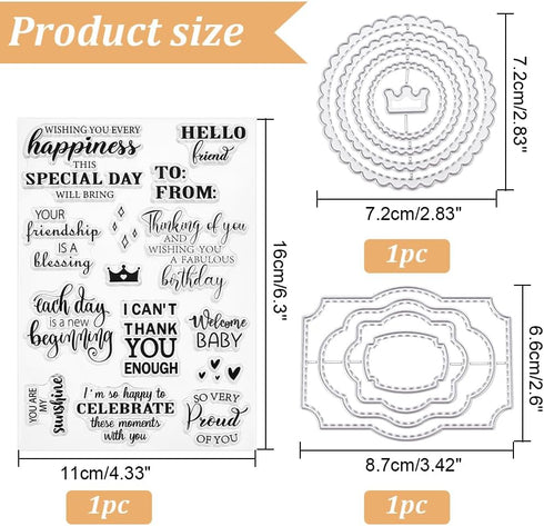 Word Clear Stamps for Card Making Label Rectangle Die Cut Round Frame Metal Cutting Die Inspirational Quote Silicone Stamp for DIY Scrapbooking Ar...