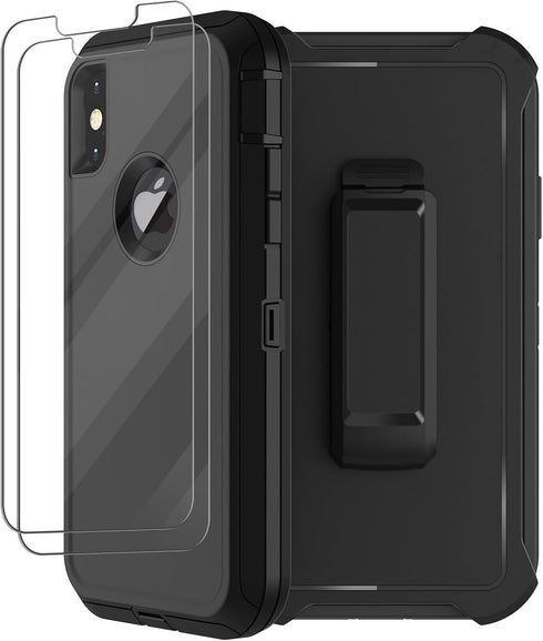 for iPhone X Case, iPhone Xs Case with Belt Clip Holster, 2X Screen Protector, Military Grade Shockproof Heavy Duty Full Body Drop-Proof Rugged Pr...
