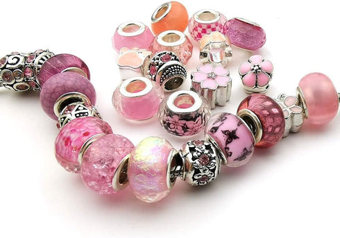 50pcs Assorted Pink Resin Imitation Glass European Large Hole Beads Rhinestone Metal Spacer Charms Bead Assortments for DIY Crafts Bracelets Neckl...