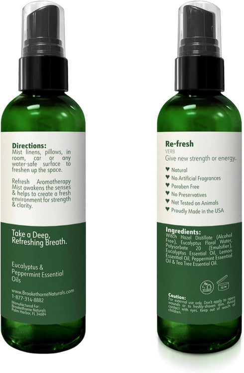 Refresh Aromatherapy Room Spray & Pillow Mist. Peppermint & Eucalyptus Essential Oil Spray, Linen Mist, Natural Car Air Freshener Bathroom Freshen...