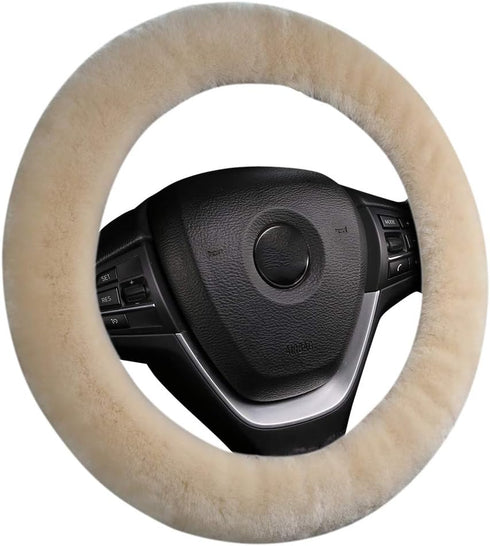 Soft Fluffy Warm Genuine Sheepskin Car Steering Wheel Cover, Fuzzy Fur Wool Protector for Winter Universal Car 14 1/2inch-15 1/2inch, Anti-Slip Co...