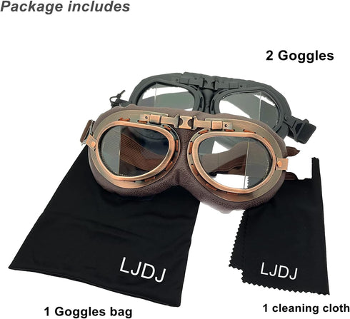 Motorcycle Goggles, 2 Pack Vintage Pilot Style Riding Goggle Burning Man Goggles for Men Women Youth Adult...