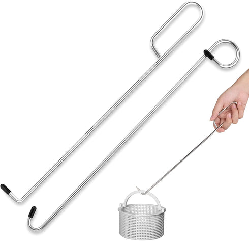 2pcs Swimming Pool Skimmer Basket Hook, 14.57in Long Stainless Steel Skimmer Basket Handle Skimmer Lid Lifting Extension Hook Debris Remover Tool ...