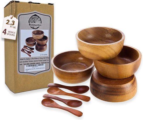 Set of 4 Small Round Acacia Wooden Bowls 2¾ Inch Diameter 1½" High With Spoons - Stackable Mixing Bowl Salad Soup Snack Dip Sauce Charcuterie Wood...
