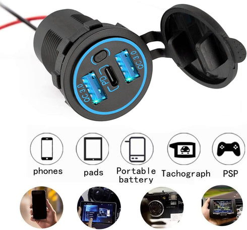 12v usb charger, PD 20W USB-C Power Socket and 18W QC3.0 Socket Waterproof Power Outlet 12V/24V with Power Switch 12V USB C Outlet for Car Golf Ca...