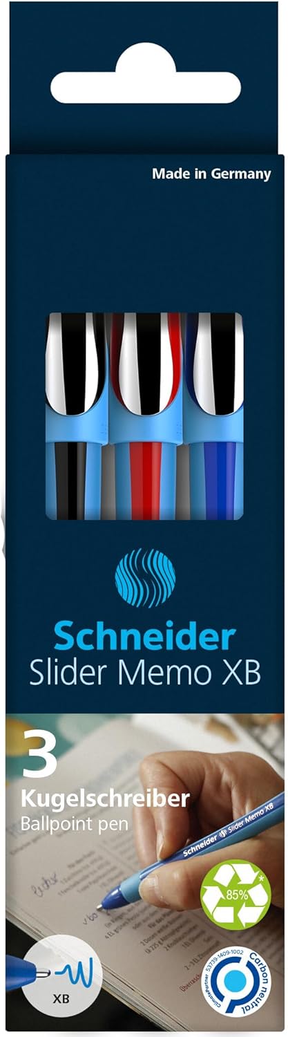 Schneider Slider Memo XB (Extra Broad) Ballpoint Pen, 1.4 mm, Light Blue Barrel, Assorted Ink Colors, Pack of 3 Pens: Black, Red, Blue (150293)...