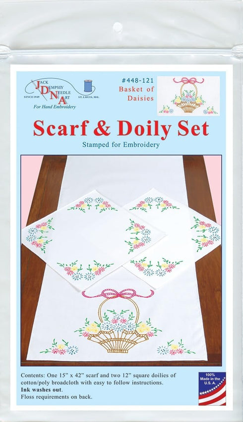 Jack Dempsey Needle Art Basket of Daisies Scarf and Doily Set......