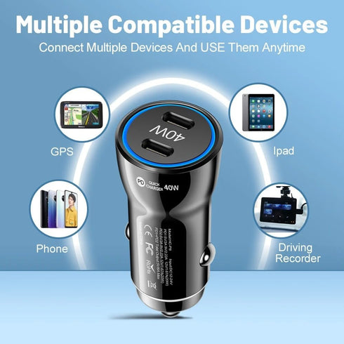 USB C Car Charger, 2-Port 40W Dual USB-C Car Power Adapter PD/QC Fast Charging Cigarette Lighter for iPhone 16/15/14/13/12/11/Pro Max, iPad, Samsu...