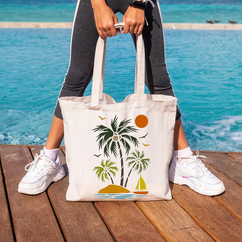 FINGERINSPIRE Palm Trees Stencil 11.7x8.3" Island Sailboat Painting Stencil Summer Sun Geese Pattern Drawing Stencil Reusable Tropical Ocean Beach...