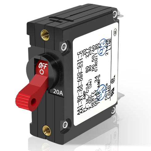 A Series Red Toggle AC/DC Single Pole 20A Boat Magnetic Circuit Breaker - 20 Amp Protects Low Power Devices for Yachts, Motorhomes, Campers and Ca...