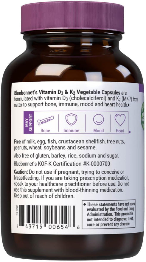 Bluebonnet Nutrition Vitamin D3 & K2, Soy-Free, for Strong-Healthy Bones*, Gluten-Free, Non-GMO, Dairy-Free, Kosher Certified, Vegetarian, 60 Vege...