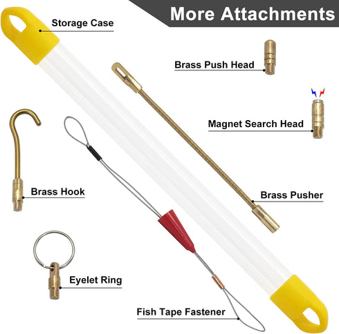 11' Fiberglass Running Electrical Wire Cable Pulling Fish Tape Kit with 5 Different Attachments and Fish Tape Tool in a Carrying Case...
