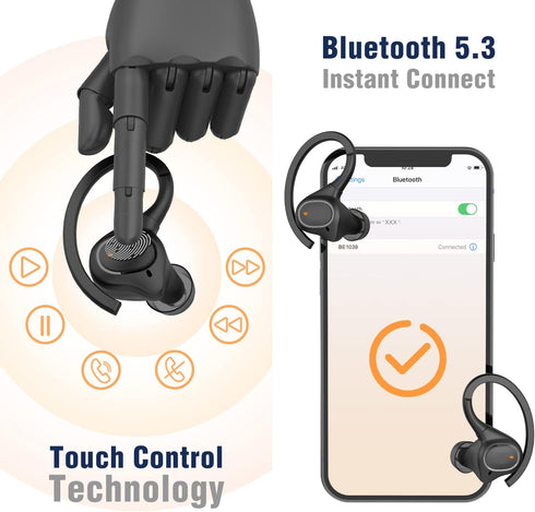 Wireless Earbuds with Earhooks for Small Ears, Deep Bass Stereo Wireless Earphones with Mic, IPX7 Waterproof, Noise Isolation, 3EQ Sound Settings,...